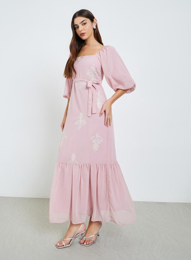 Styli Women Pink Embellished Puff Sleeve Maxi Dress - Image 2